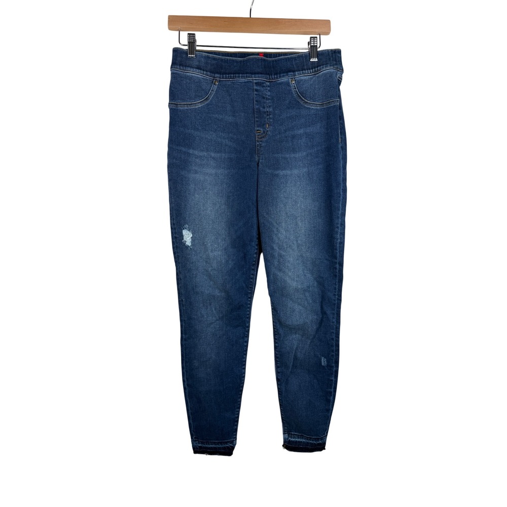 Spanx Distressed Ankle Skinny Pull On Jeans size Large Dark Blue Denim